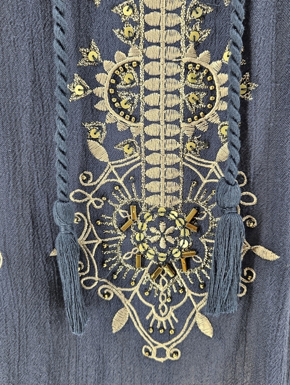 Catherines Shirt Navy Blue Embroidered Beaded 3/4 Sleeve Tassel VNeck Top 0X - Picture 3 of 6